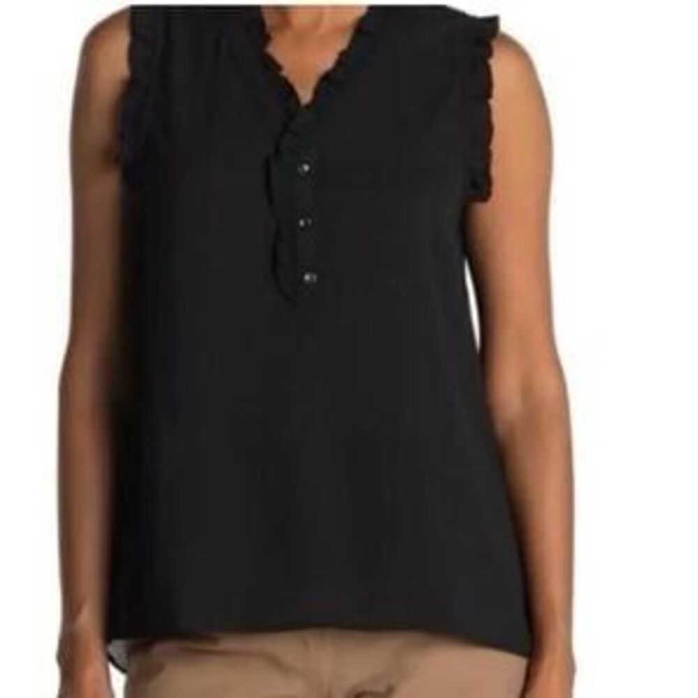 Everleigh Women's Semi Sheer Ruffle Trim V-Neck Sleeveless Hi Lo Blouse Top L